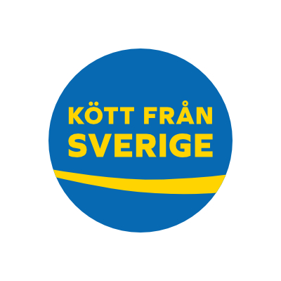 Kött från sverige. Mörkblå cirkel med gul text. Illustration. 